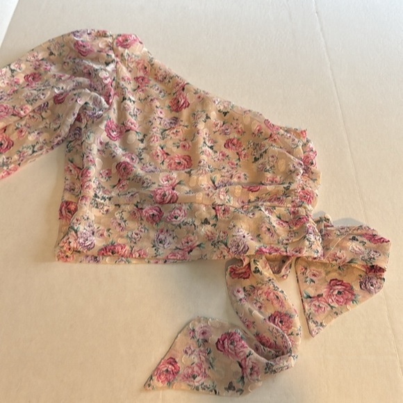 NWT Express Floral One Shoulder Puff Sleeve Crop Top Blush Primrose Size S - Picture 6 of 8